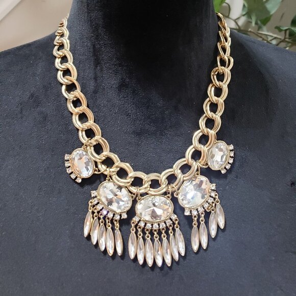 Women Fashion Rhinestone Linked Gold Chain Statement Necklace with Lobster Clasp - Picture 1 of 6